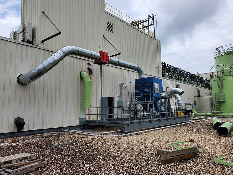 New dust collection system with safety components integrated into the system, such as an explosion isolation valve, explosion vents, and an explosion-rated rotary valve to enhance plant safety.